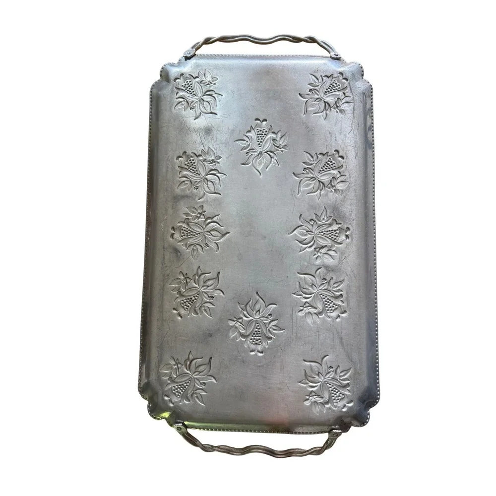 Vintage Aluminum Serving Tray OS Silver Good Floral Pomegranate Beaded Rim 20